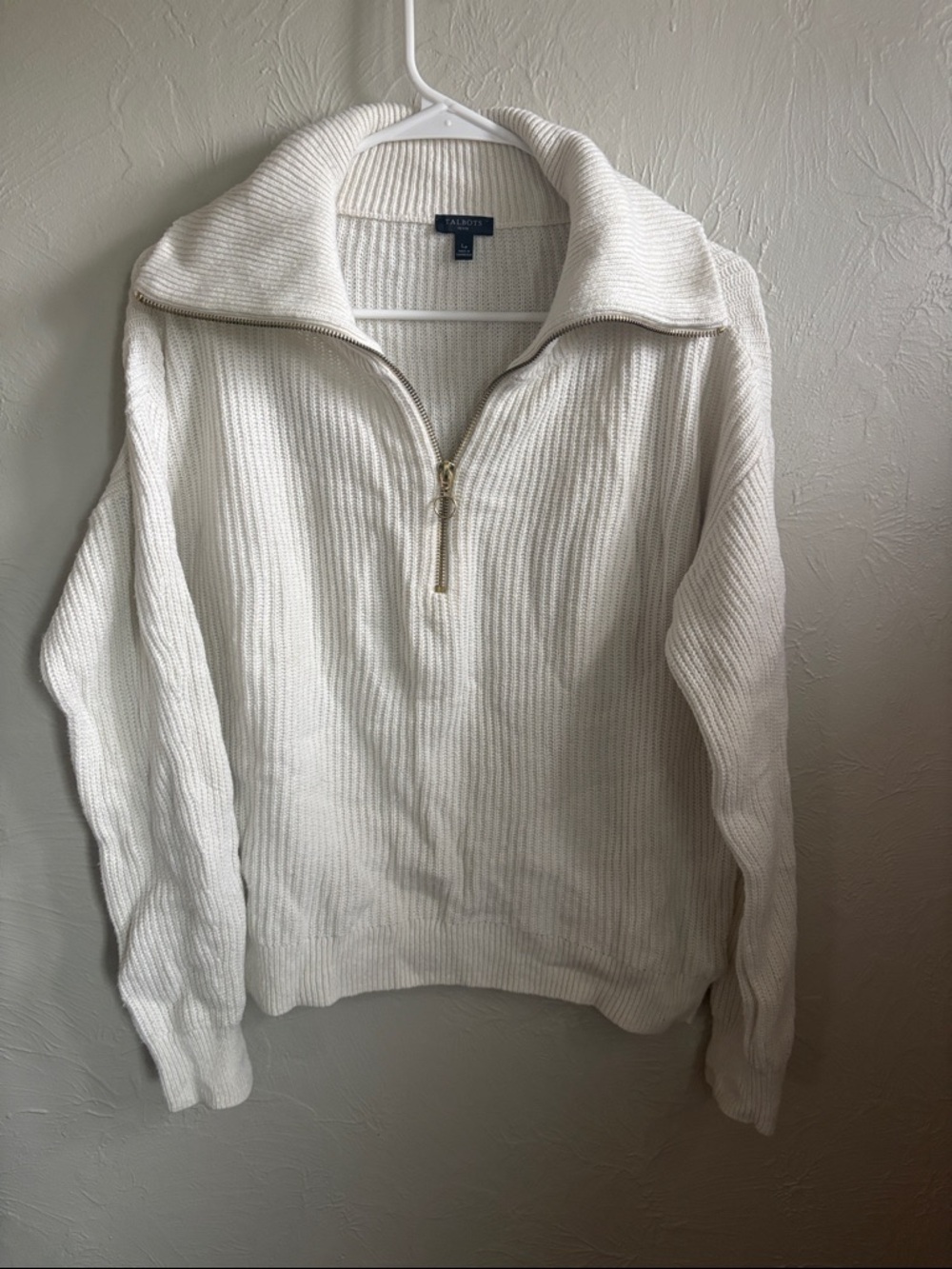 Talbots Women’s Cream Zip-Neck Ribbed Sweater with Gold Zipper